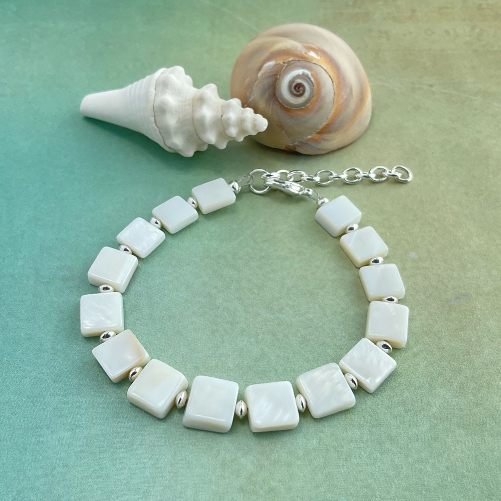 Mother of Pearl Bracelet, Geometric, Squares, Neutral, Beach Vibe, Handmade - Picture 3 of 10
